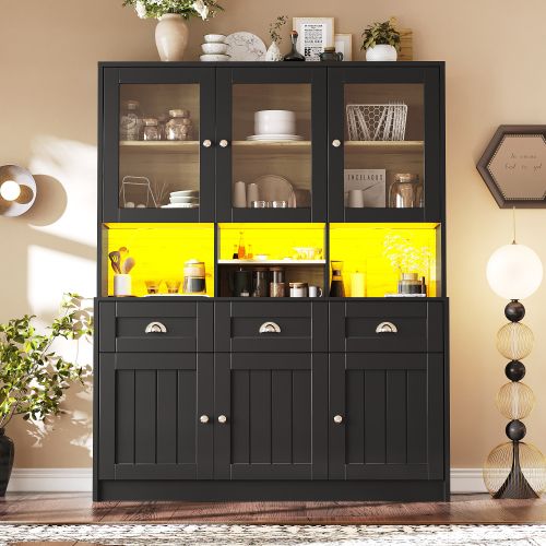 Buffet Haut Avec 3 Tiroirs, Étagères Réglables, Éclairage LED, Noir