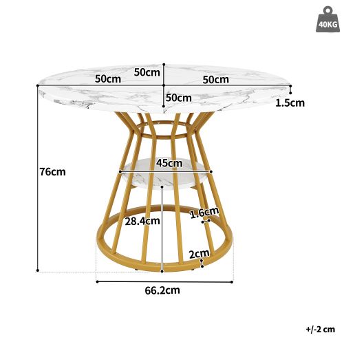 Table à Manger Ronde Avec Étagère, Pieds En Métal Doré, En Placage De Marbre Blanc