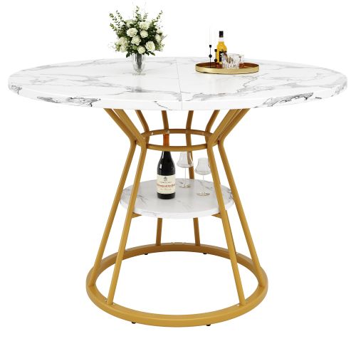 Table à Manger Ronde Avec Étagère, Pieds En Métal Doré, En Placage De Marbre Blanc