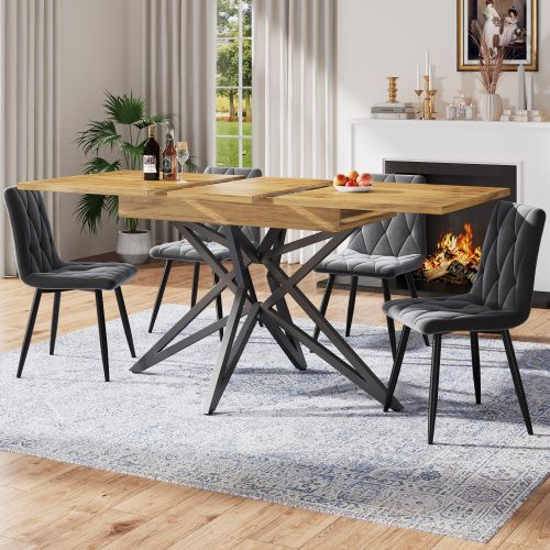 Table à Manger Extensible, Pieds En Métal Noir En Forme D'étoile, Panneau En Grain De Bois