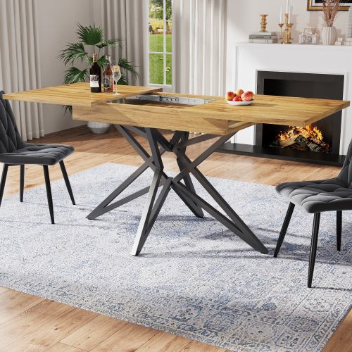 Table à Manger Extensible, Pieds En Métal Noir En Forme D'étoile, Panneau En Grain De Bois