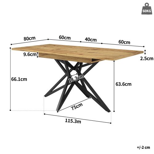 Table à Manger Extensible, Pieds En Métal Noir En Forme D'étoile, Panneau En Grain De Bois