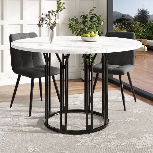Table à Manger Ronde, Pieds En Métal Noir, En Placage De Marbre Blanc