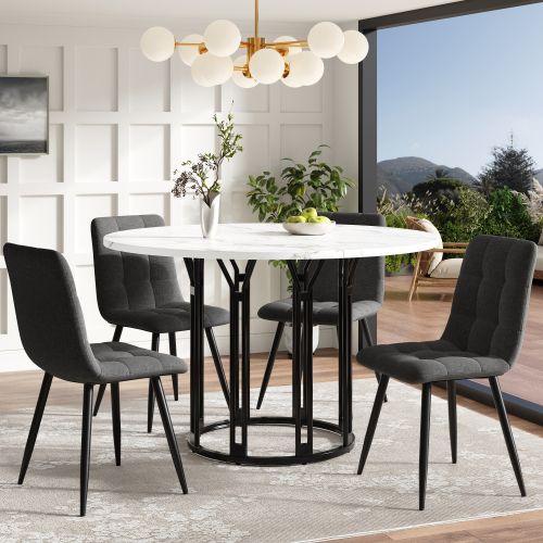 Table à Manger Ronde, Pieds En Métal Noir, En Placage De Marbre Blanc