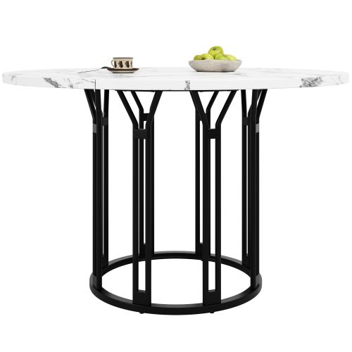 Table à Manger Ronde, Pieds En Métal Noir, En Placage De Marbre Blanc