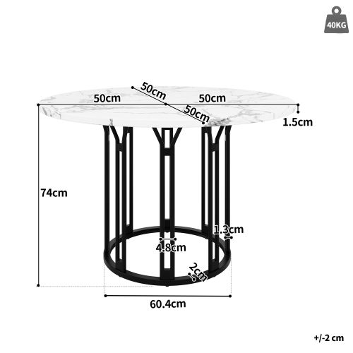 Table à Manger Ronde, Pieds En Métal Noir, En Placage De Marbre Blanc