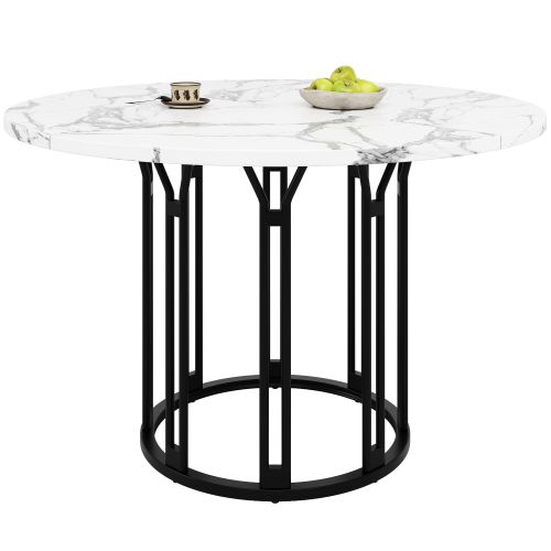 Table à Manger Ronde, Pieds En Métal Noir, En Placage De Marbre Blanc