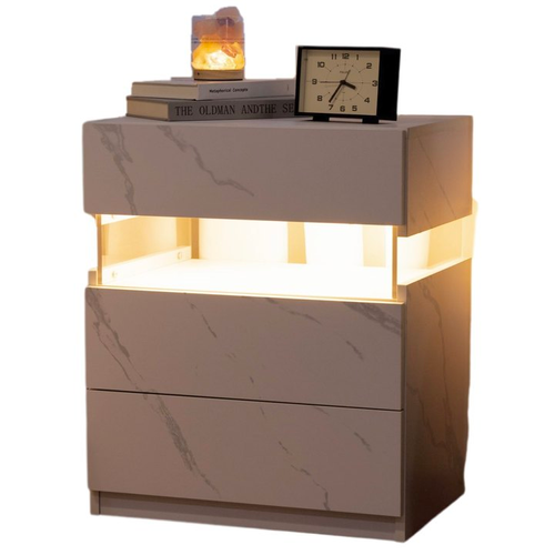 Chevet LED 3 Tiroirs Blanc Motif Marbre Avec Rangement, Éclairage