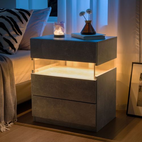 Chevet Gris LED Et 3 Tiroirs De Rangement, Lumières