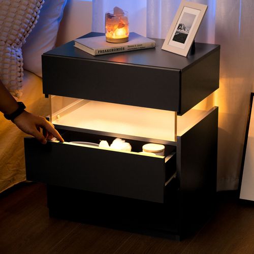 Chevet Noir Éclairage LED Et 3 Tiroirs, Meuble De Rangement Chambre