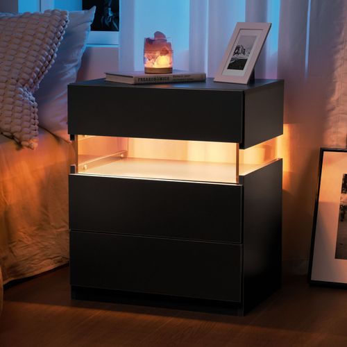 Chevet Noir Éclairage LED Et 3 Tiroirs, Meuble De Rangement Chambre