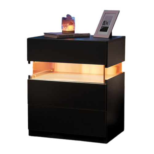 Chevet Noir Éclairage LED Et 3 Tiroirs, Meuble De Rangement Chambre