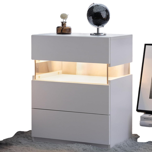 Chevet Blanc Éclairage LED Et 3 Tiroirs De Rangement