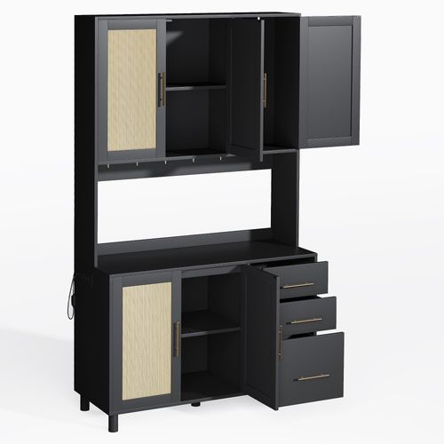 Buffet De Cuisine Noir LED H.183 Avec 5 Portes, 3 Tiroirs, Ports De Charge, Rangement