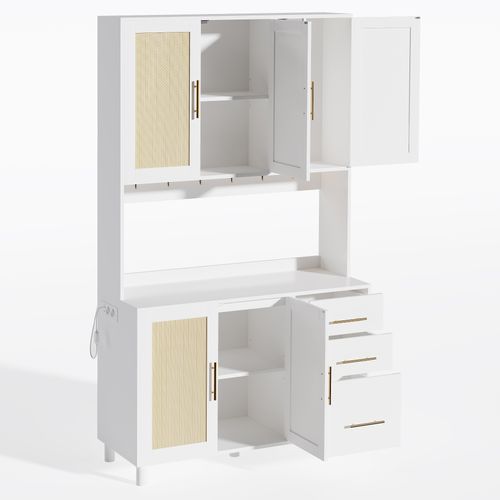 Buffet De Cuisine Blanc LED H.183 Avec 5 Portes, 3 Tiroirs, Ports De Charge, Rangement