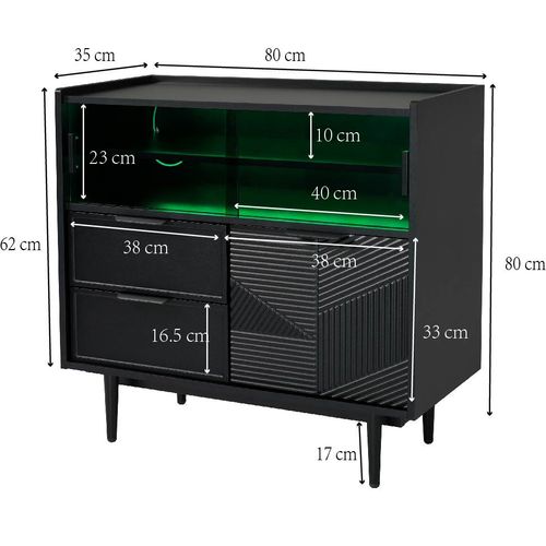 Buffet Noir Éclairage LED Avec 2 Tiroirs, Portes Coulissantes En Verre, Rangement