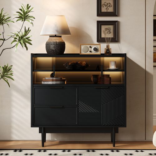 Buffet Noir Éclairage LED Avec 2 Tiroirs, Portes Coulissantes En Verre, Rangement