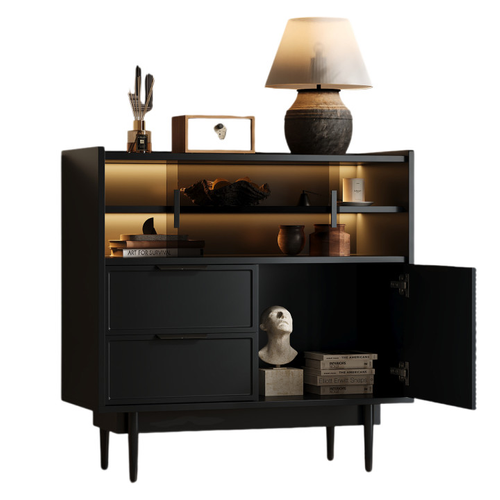 Buffet Noir Éclairage LED Avec 2 Tiroirs, Portes Coulissantes En Verre, Rangement
