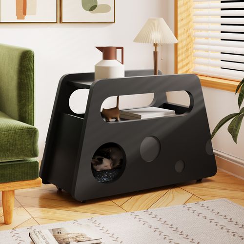 Table D'appoint Noir, Bout De Canapé à Roulettes, Niche Pour Chat Et Rangement