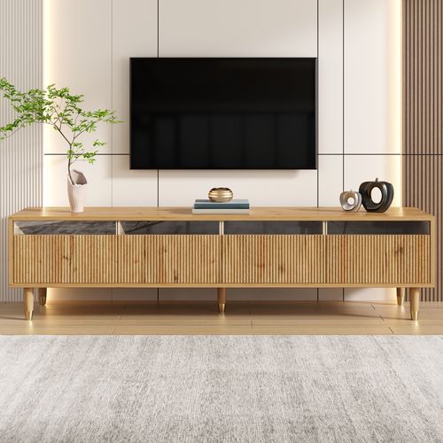 Meuble TV178cm,bas à Poser,led,pied De Support,4 Tiroirs,mdf+acrylique,couleur Bois