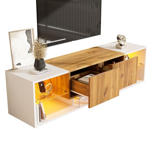 Meuble TV Blanc Et Bois 160 Cm Avec 2 Tiroirs Et Étagères De Rangement En Verre