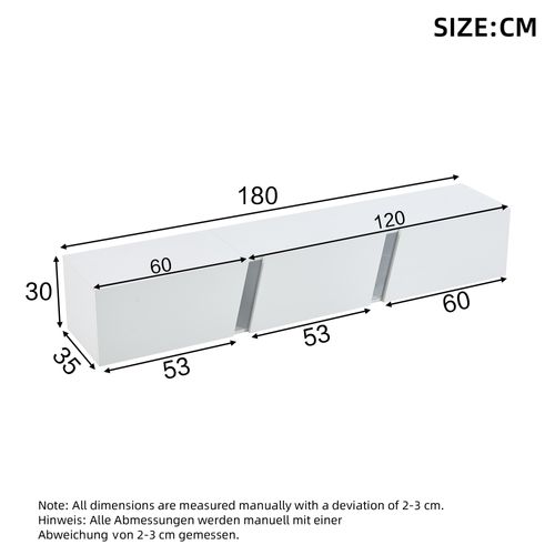 Meuble TV Suspendu L.180cm LED, Blanc Avec 3 Portes Et Rangement