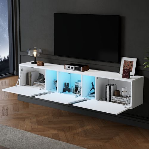 Meuble TV Suspendu L.180cm LED, Blanc Avec 3 Portes Et Rangement