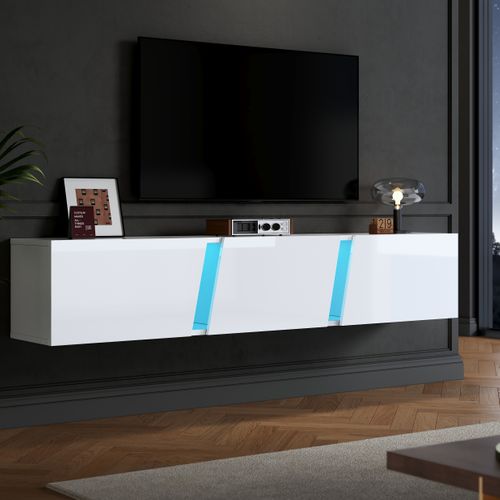 Meuble TV Suspendu L.180cm LED, Blanc Avec 3 Portes Et Rangement