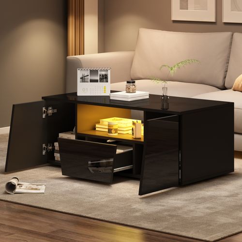 Table Basse Avec LED, 2 Rangements Et 1 Tiroir - 100x50x40 Cm - Mdf - Noir