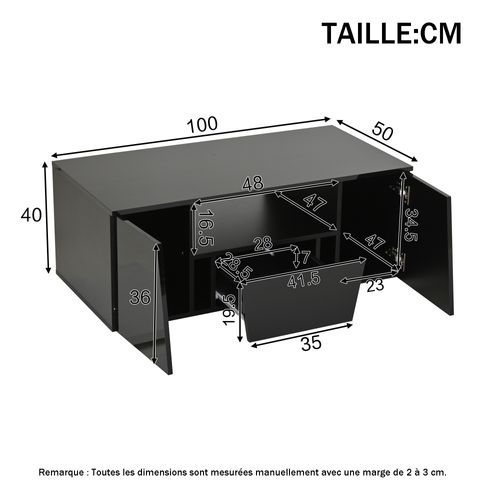 Table Basse Avec LED, 2 Rangements Et 1 Tiroir - 100x50x40 Cm - Mdf - Noir