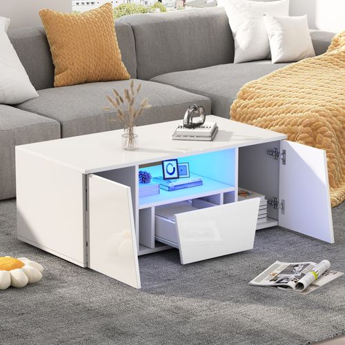 Table Basse Avec LED, 2 Rangements Et 1 Tiroir - 100x50x40 Cm - Mdf - Blanc