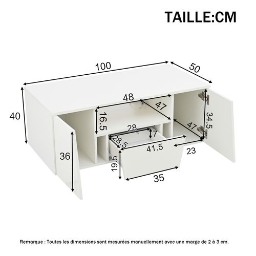 Table Basse Avec LED, 2 Rangements Et 1 Tiroir - 100x50x40 Cm - Mdf - Blanc