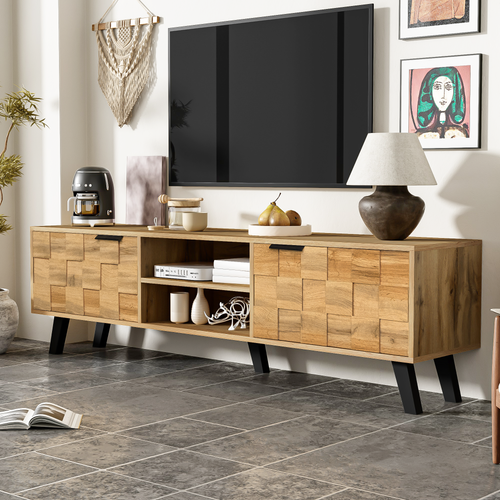 Meuble TV Avec 2 Portes Et 2 Niches Ouvertes - 160,5x35,5x45 Cm - Mdf - Naturel