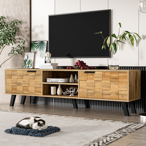 Meuble TV Avec 2 Portes Et 2 Niches Ouvertes - 160,5x35,5x45 Cm - Mdf - Naturel