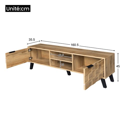Meuble TV Avec 2 Portes Et 2 Niches Ouvertes - 160,5x35,5x45 Cm - Mdf - Naturel