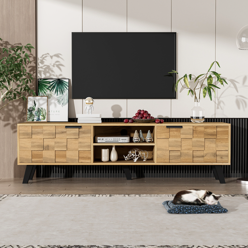 Meuble TV Avec 2 Portes Et 2 Niches Ouvertes - 160,5x35,5x45 Cm - Mdf - Naturel