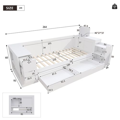Lit Enfant 90x200 Cm Bois Blanc 4 Tiroirs, Étagères, Chevet Et Rangement, Sommier