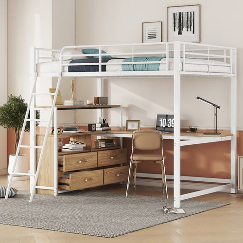 Lit Mezzanine Double 140x200 Cm En Métal Blanc Avec Bureau, Étagères Et 4 Tiroirs De Rangement