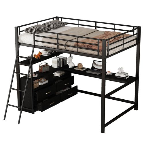 Lit Mezzanine 140x200 Cm Avec Bureau, Étagères Et 4 Tiroirs De Rangement En Métal Noir