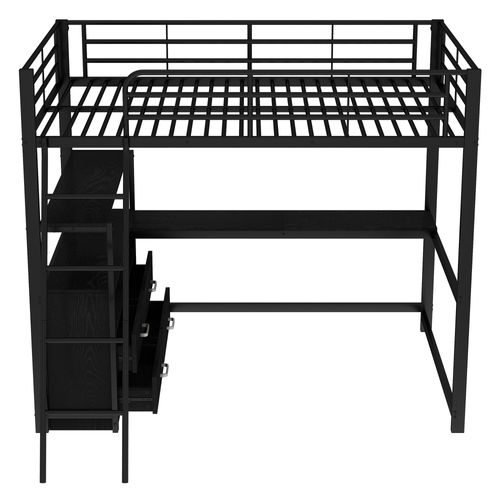 Lit Mezzanine 140x200 Cm Avec Bureau, Étagères Et 4 Tiroirs De Rangement En Métal Noir