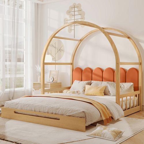 Lit Enfant Extensible 140x100/200 Cm, Barrières De Sécurité, Cadre En Bois Naturel, Velours Orange