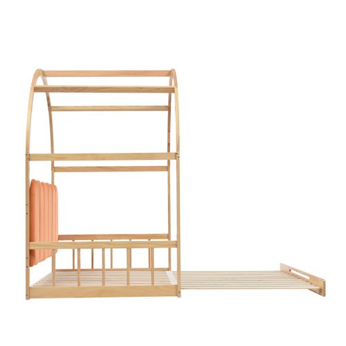 Lit Enfant Extensible 140x100/200 Cm, Barrières De Sécurité, Cadre En Bois Naturel, Velours Orange