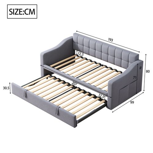 Lit Enfant Extensible 90/180x190 Cm, Lit Gigogne 90x190cm, Ports USB, Velours Gris