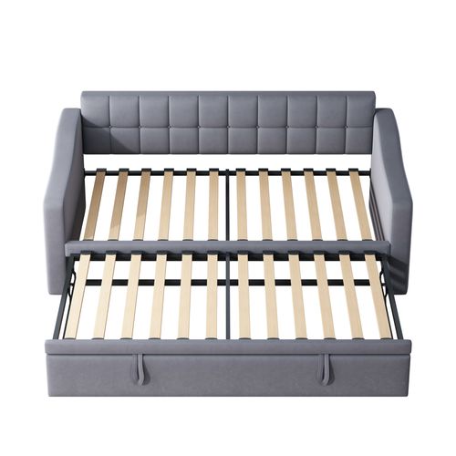 Lit Enfant Extensible 90/180x190 Cm, Lit Gigogne 90x190cm, Ports USB, Velours Gris