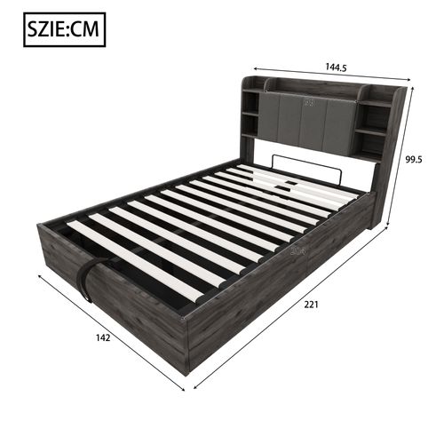 Lit Coffre 140x200 Cm Imitation Bois Et Gris, Prises USB, Tête De Lit Avec Rangement