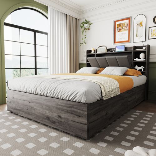 Lit Coffre 140x200 Cm Imitation Bois Et Gris, Prises USB, Tête De Lit Avec Rangement