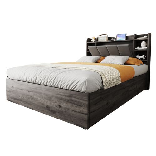 Lit Coffre 140x200 Cm Imitation Bois Et Gris, Prises USB, Tête De Lit Avec Rangement