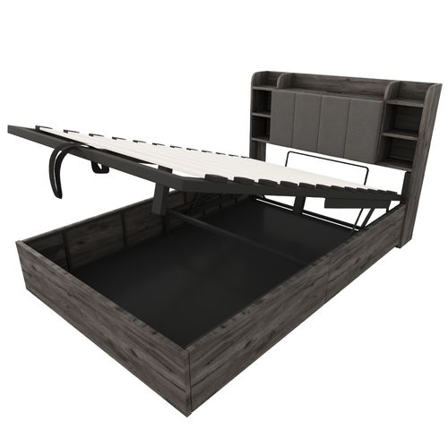 Lit Coffre 140x200 Cm Imitation Bois Et Gris, Prises USB, Tête De Lit Avec Rangement