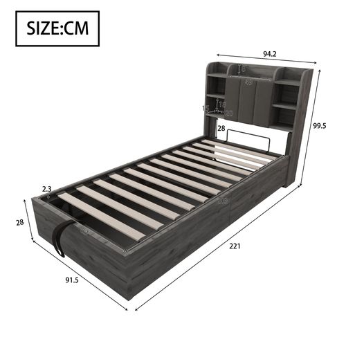 Lit Coffre Enfant 90x200 Cm Hydraulique Avec Ports USB/type-c, Rangement, Sommier, Mdf Bois
