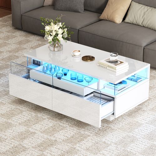 Table Basse Blanche LED Avec Plateau Amovible, 2 Tiroirs, Rangement, Verre Trempé